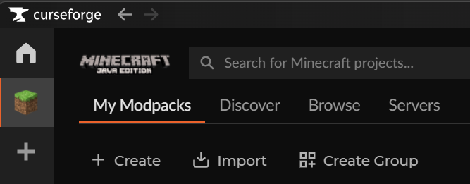 Screenshot: Opening CurseForge and selecting “My Modpacks”