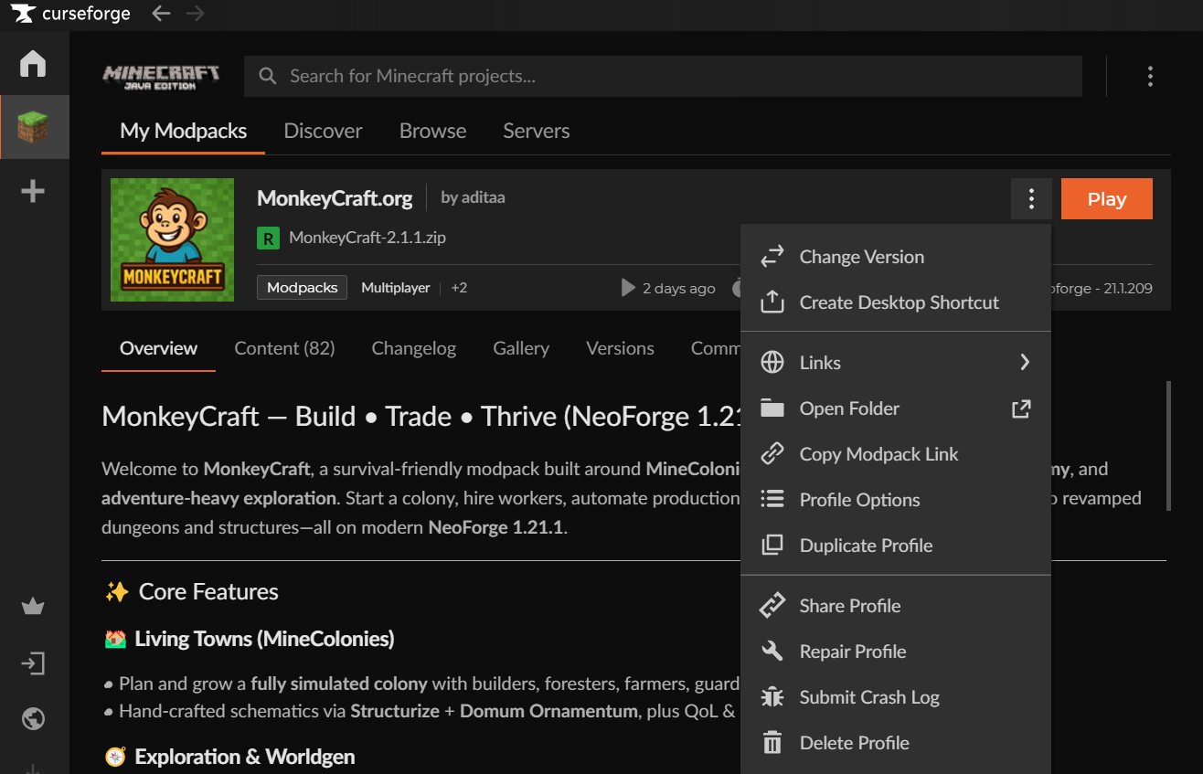 Screenshot: Selecting the MonkeyCraft pack